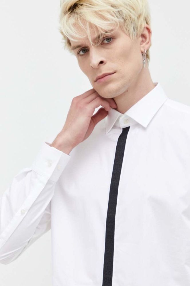 Бавовняна сорочка HUGO чоловіча колір білий slim класичний комір (3507059) фото 5