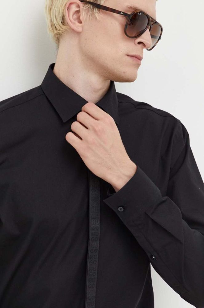 Бавовняна сорочка HUGO чоловіча колір чорний slim класичний комір (3507050) фото 4