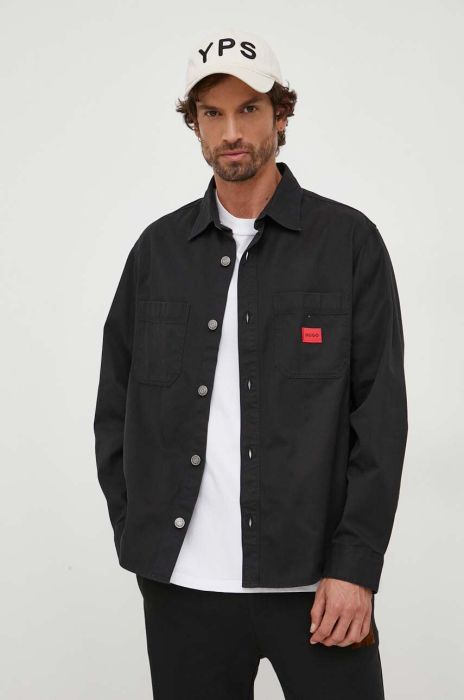 Джинсова сорочка HUGO чоловіча колір чорний regular класичний комір