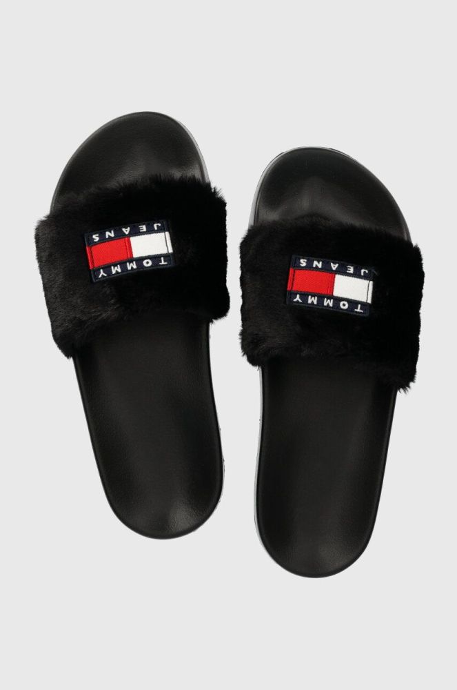 Шльопанці Tommy Jeans TJW FUR POOL SLIDE жіночі колір чорний EN0EN02410