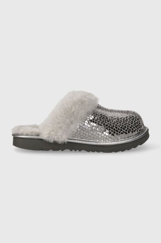 Дитячі шкіряні тапочки UGG K COZY IIEL HEARTS колір срібний