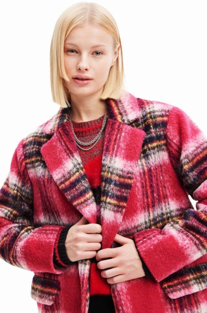 Пальто Desigual 23WWEWAD WOMAN WOVEN OVERCOAT жіноче колір рожевий перехідне двобортне фото 3