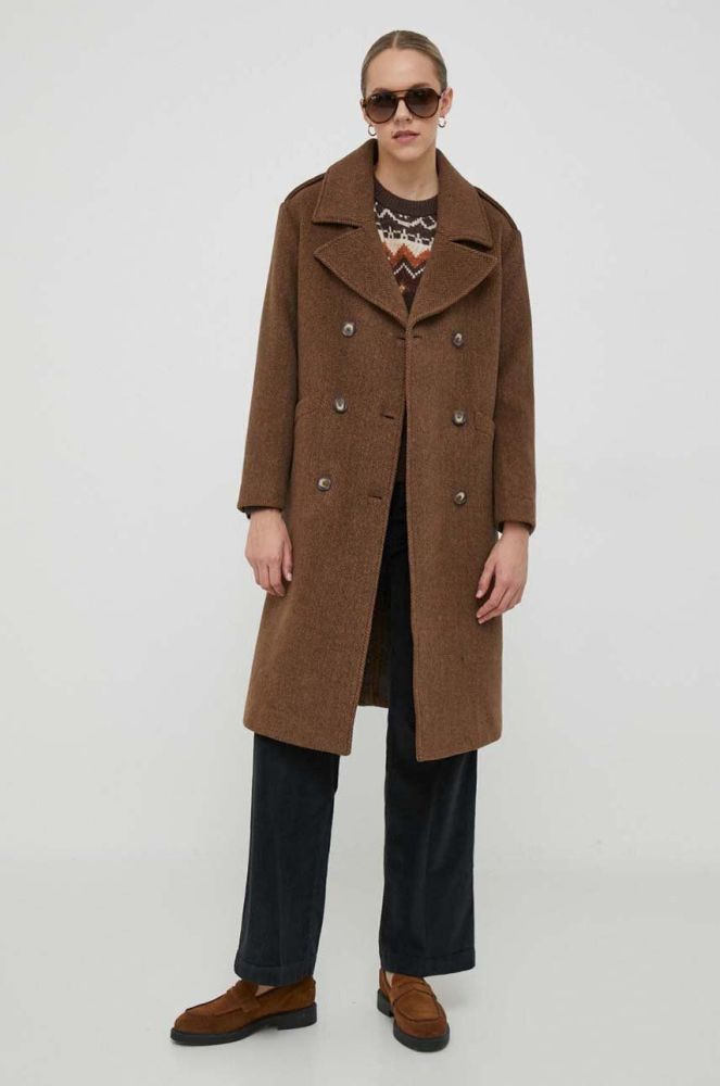 Вовняне пальто Pepe Jeans Marlin колір коричневий перехідне двобортне