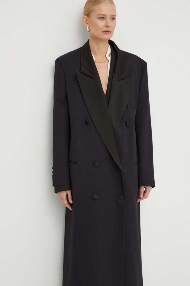 Вовняне пальто BOSS колір чорний перехідний двобортний (3688473)