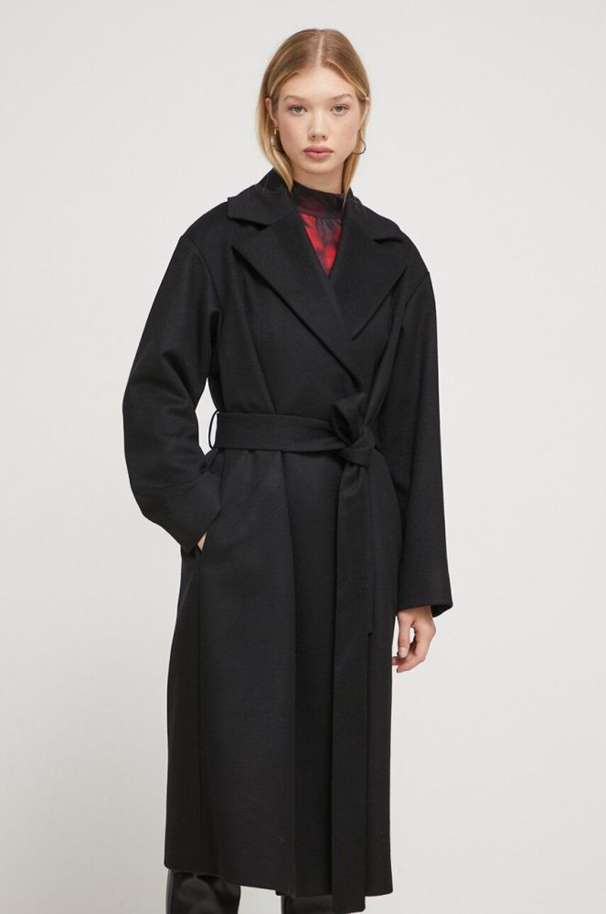 Вовняне пальто HUGO колір чорний перехідний (3577660)