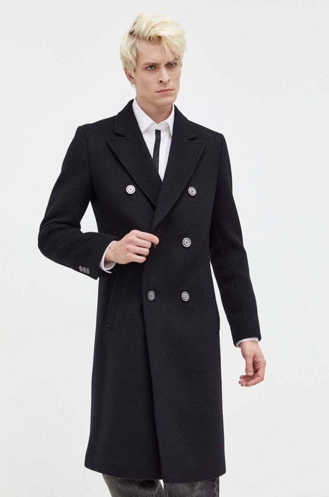 Вовняне пальто HUGO колір чорний перехідний двобортний