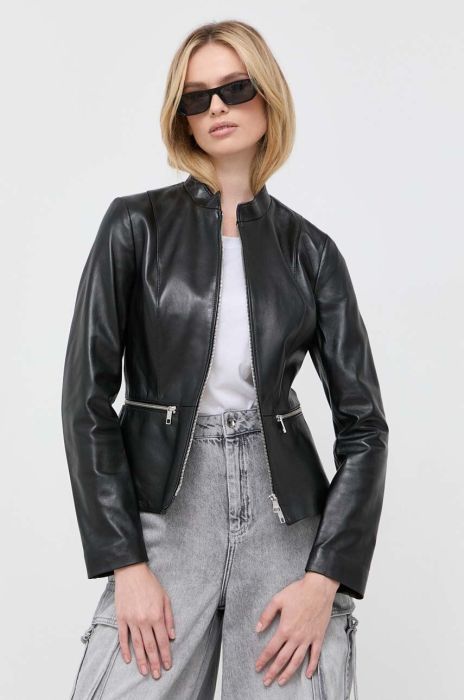 Шкіряна куртка Boss жіноча колір чорний перехідна