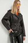 Шкіряна куртка HUGO жіноча колір чорний перехідна (3342122)