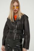 Шкіряна куртка HUGO жіноча колір чорний перехідна (3342122)