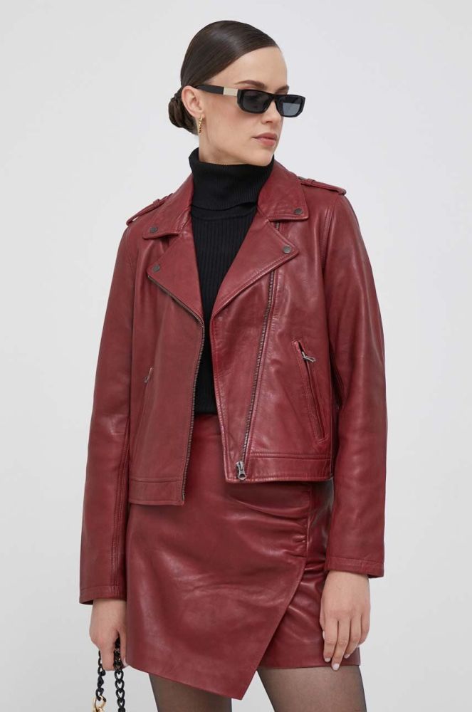 Шкіряна куртка Pepe Jeans жіноча колір бордовий перехідна