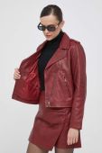 Шкіряна куртка Pepe Jeans жіноча колір бордовий перехідна