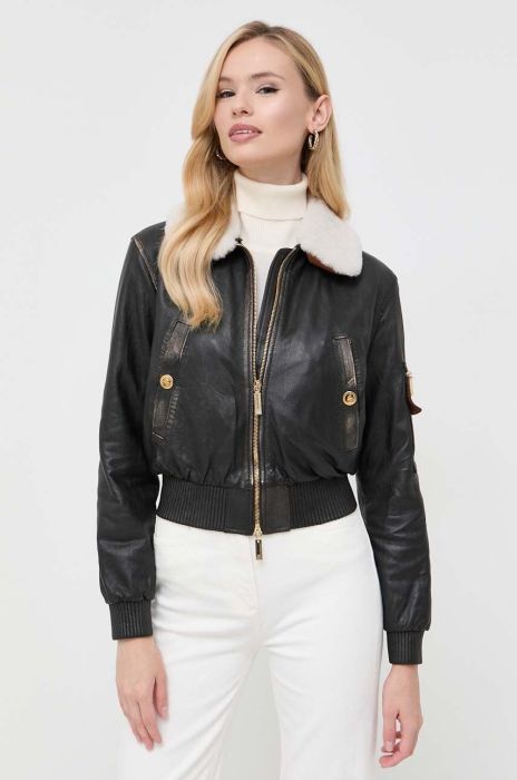 Шкіряна куртка Elisabetta Franchi жіноча колір коричневий перехідна