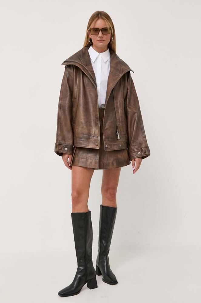 Шкіряна куртка Remain жіноча колір коричневий перехідна oversize