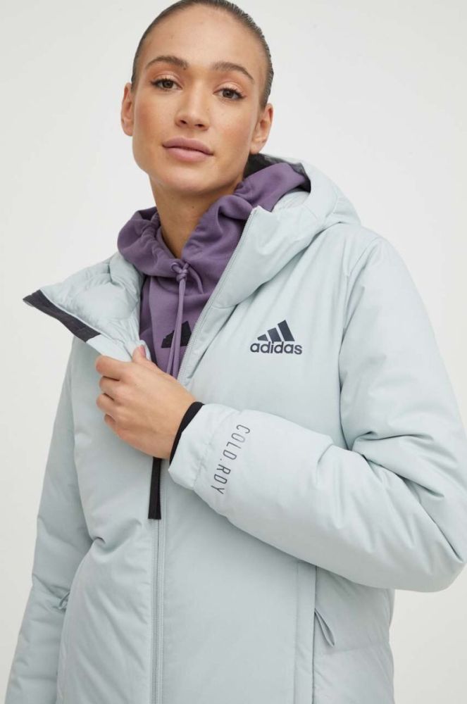 Пухова куртка adidas жіноча колір зелений зимова фото 4