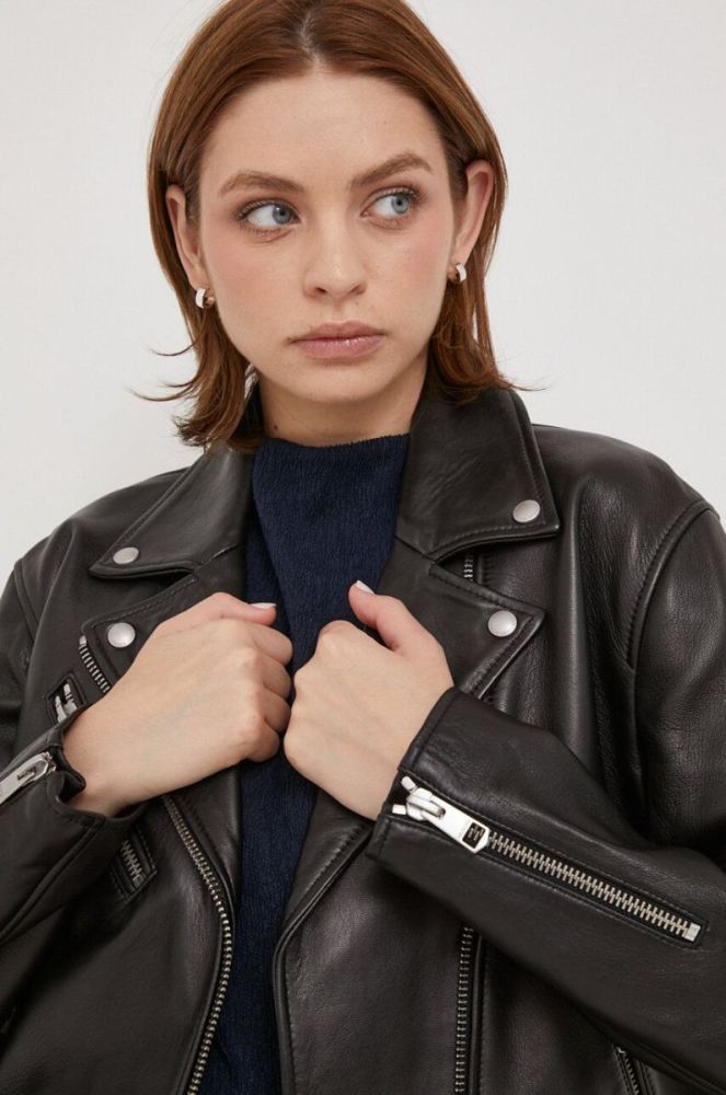 Шкіряна куртка Tommy Hilfiger жіноча колір чорний перехідна oversize фото 5