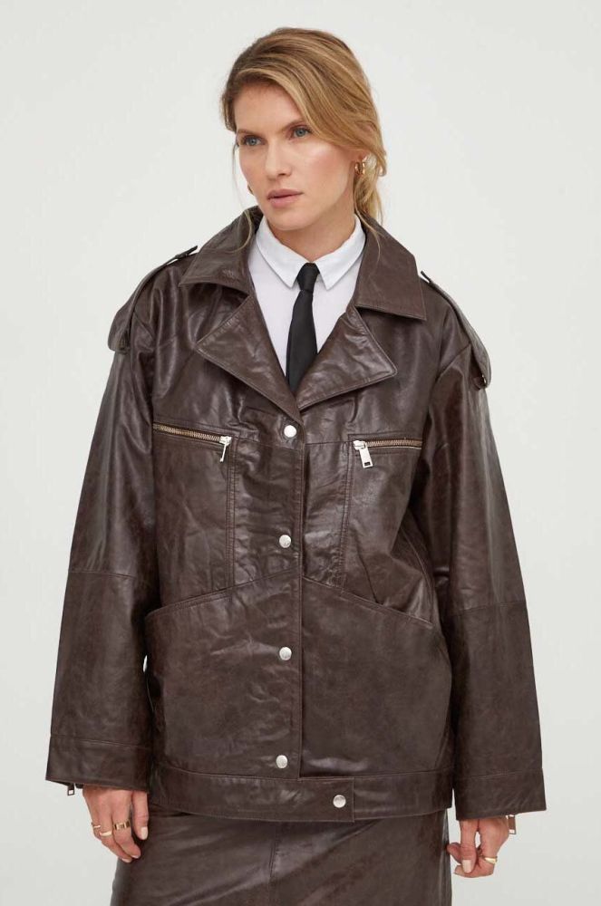 Шкіряна куртка Gestuz жіноча колір коричневий перехідна (3617859)