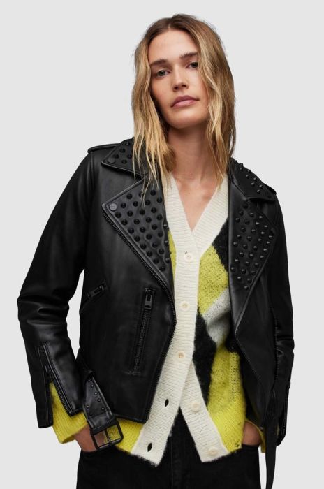 Шкіряна куртка AllSaints WL019Z BALFERN STUDDED BIKE жіноча колір чорний перехідна