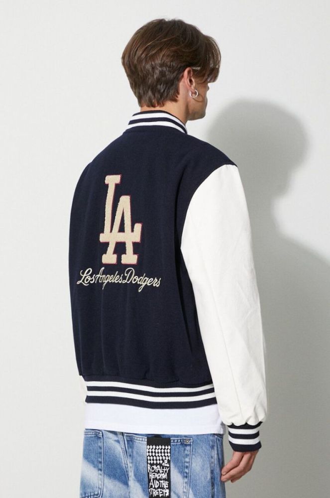 Куртка-бомбер з домішкою вовни New Era колір синій перехідна LOS ANGELES DODGERS фото 3