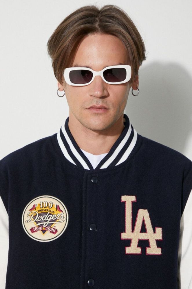 Куртка-бомбер з домішкою вовни New Era колір синій перехідна LOS ANGELES DODGERS фото 5