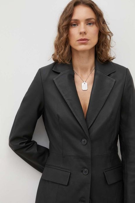 Шкіряний піджак Remain колір чорний однобортний однотонна