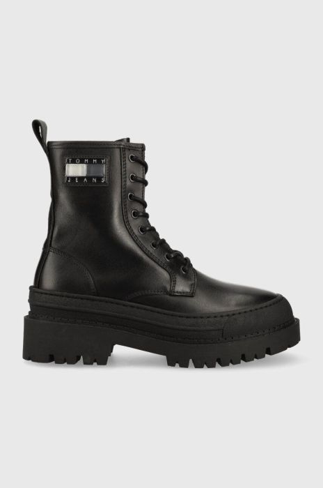 Шкіряні черевики Tommy Jeans TJW FOXING LACE UP жіночі колір чорний на плоскому ходу EN0EN02217 Шкіряні черевики Tommy Jeans TJW FOXING LACE UP жіночі колір чорний на плоскому ходу EN0EN02217