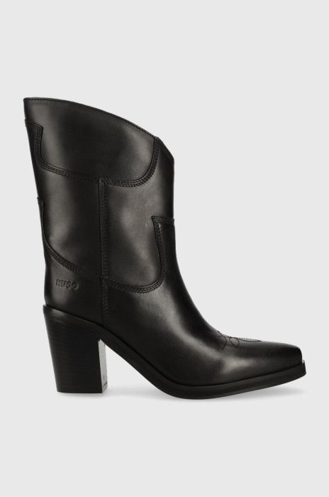 Шкіряні черевики HUGO Miley жіночі колір чорний каблук блок 50498091