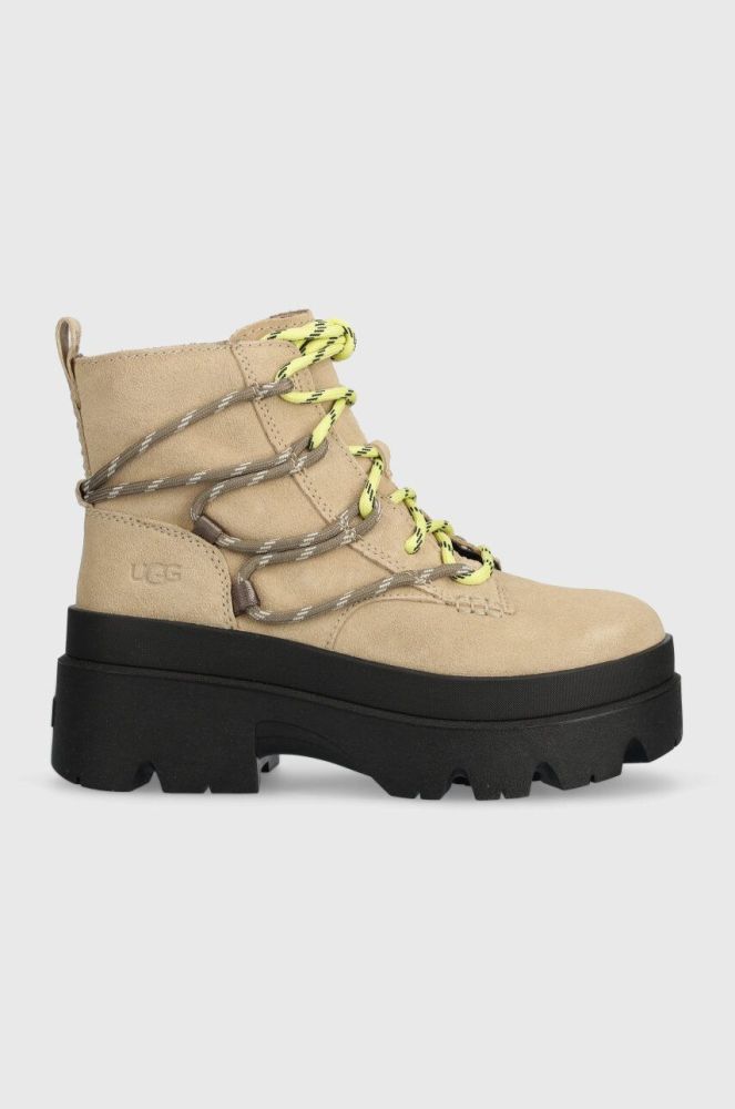 Замшеві черевики UGG Brisbane Lace Up жіночі колір бежевий на платформі 1143841