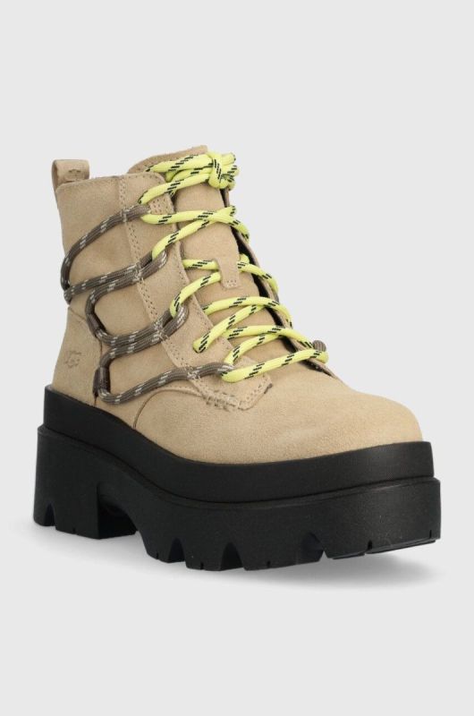Замшеві черевики UGG Brisbane Lace Up жіночі колір бежевий на платформі 1143841 фото 2
