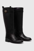 Шкіряні чоботи Twinset жіночі колір чорний на плоскому ходу 232TCP310