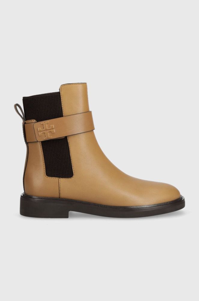 Шкіряні черевики Tory Burch DOUBLE T CHELSEA BOOT жіночі колір коричневий на плоскому ходу 152831-200