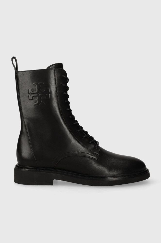 Шкіряні черевики Tory Burch DOUBLE T COMBAT BOOT жіночі колір чорний на плоскому ходу 154336-006