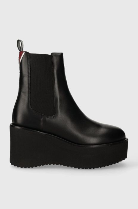 Шкіряні черевики Tommy Hilfiger ELEVATED WEDGE BOOTIE жіночі колір чорний на танкетці FW0FW07657
