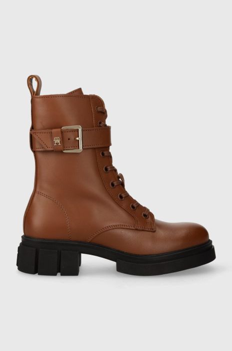 Шкіряні черевики Tommy Hilfiger COOL FEMININE BIKERBOOT жіночі колір коричневий на плоскому ходу FW0FW07322 Шкіряні черевики Tommy Hilfiger COOL FEMININE BIKERBOOT жіночі колір коричневий на плоскому ходу FW0FW07322