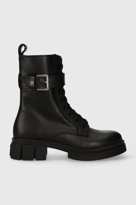 Шкіряні черевики Tommy Hilfiger COOL FEMININE BIKERBOOT жіночі колір чорний на плоскому ходу FW0FW07322 Шкіряні черевики Tommy Hilfiger COOL FEMININE BIKERBOOT жіночі колір чорний на плоскому ходу FW0FW07322