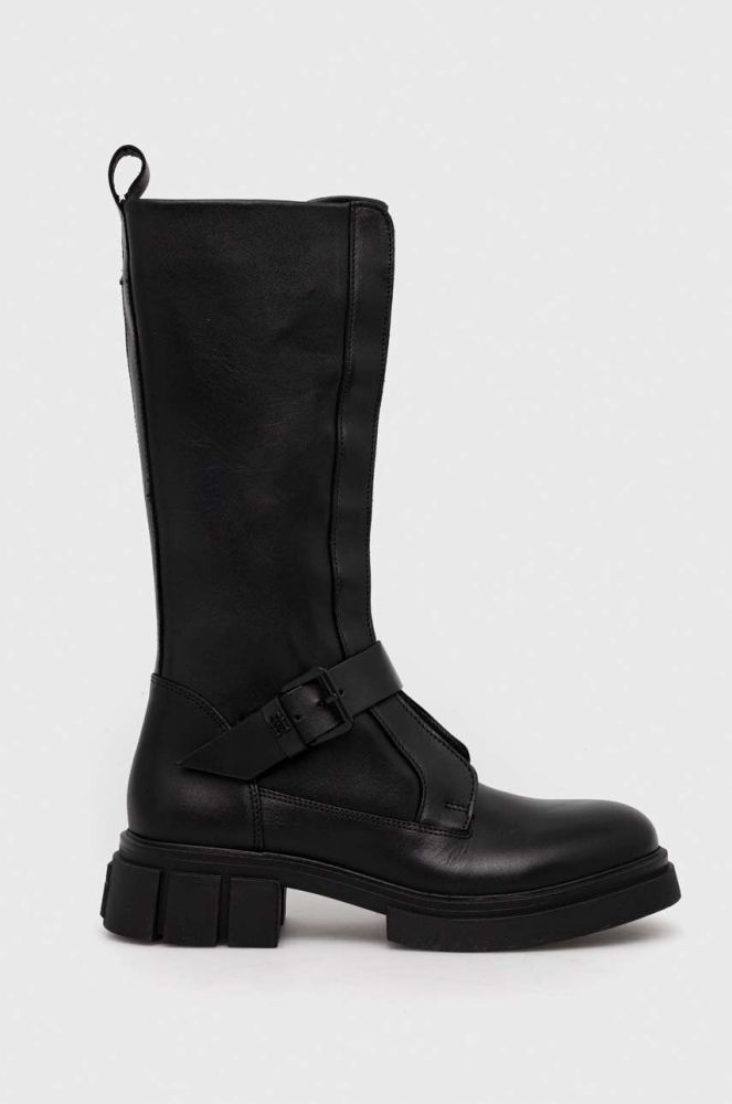 Шкіряні чоботи Tommy Hilfiger COOL MONOCHROMATIC BIKERBOOT жіночі колір чорний на плоскому ходу FW0FW07338