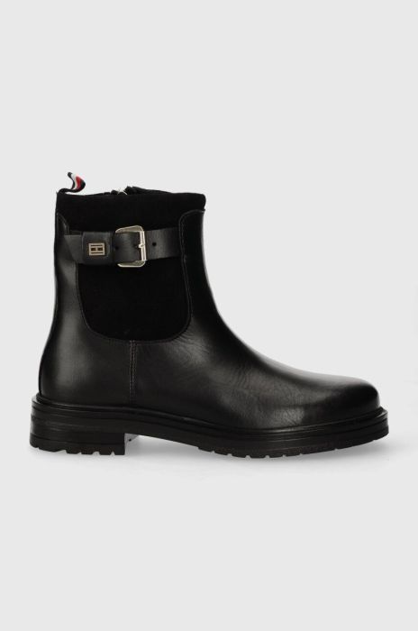 Шкіряні черевики Tommy Hilfiger BELT BOOTIE MATERIAL MIX жіночі колір чорний на плоскому ходу FW0FW07477