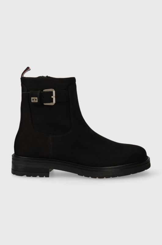 Замшеві черевики Tommy Hilfiger BELT BOOTIE NUBUCK жіночі колір чорний на плоскому ходу FW0FW07478