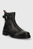 Шкіряні черевики Tommy Hilfiger BELT BOOTIE LEATHER жіночі колір чорний на плоскому ходу FW0FW07479