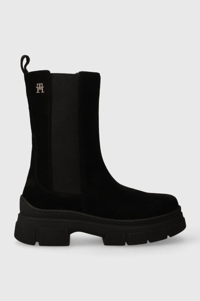 Замшеві черевики Tommy Hilfiger ESSENTIAL SUEDE CHELSEA BOOT жіночі колір чорний на платформі FW0FW07489