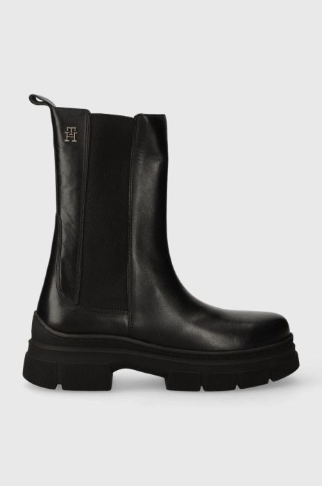 Шкіряні черевики Tommy Hilfiger ESSENTIAL LEATHER CHELSEA BOOT жіночі колір чорний на плоскому ходу FW0FW07490