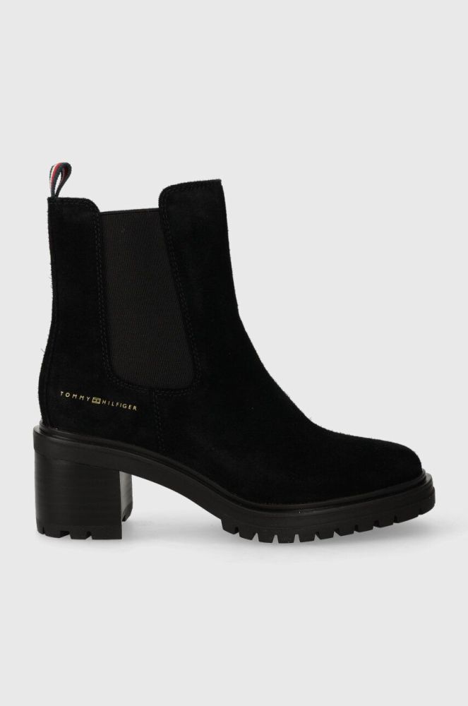Замшеві черевики Tommy Hilfiger ESSENTIAL MIDHEEL SUEDE BOOTIE жіночі колір чорний каблук блок FW0FW07522