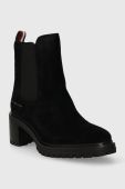 Замшеві черевики Tommy Hilfiger ESSENTIAL MIDHEEL SUEDE BOOTIE жіночі колір чорний каблук блок FW0FW07522