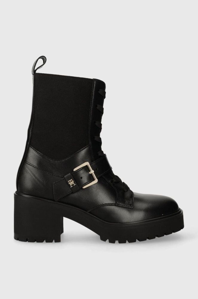 Шкіряні черевики Tommy Hilfiger TOMMY BELT LEATHER BOOT жіночі колір чорний каблук блок FW0FW07526