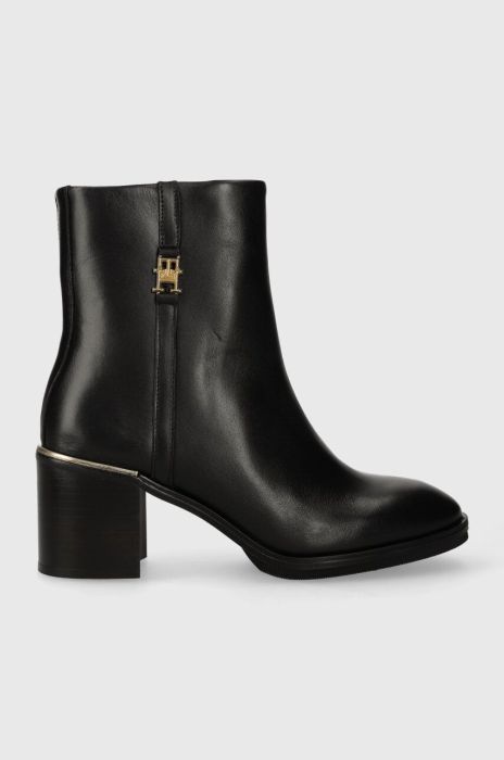Шкіряні черевики Tommy Hilfiger FEMININE TH HARDWARE MID BOOTIE жіночі колір чорний каблук блок FW0FW07539