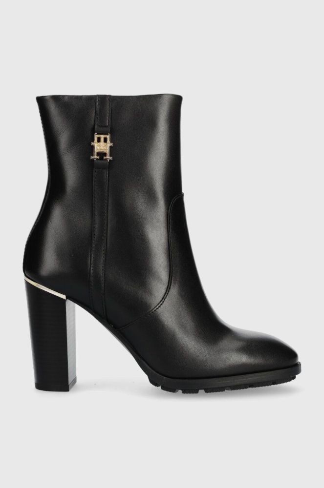 Шкіряні черевики Tommy Hilfiger FEMININE TH HARDWARE BOOTIE жіночі колір чорний каблук блок FW0FW07540