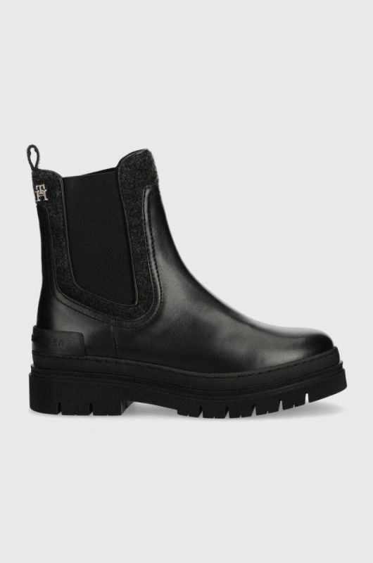 Черевики Tommy Hilfiger FEMININE FELT CHELSEA BOOTIE жіночі колір чорний на плоскому ходу утеплене FW0FW07655