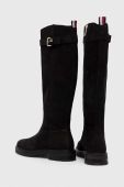 Замшеві чоботи Tommy Hilfiger ESSENTIAL NUBUCK BELT LONGBOOT жіночі колір чорний на плоскому ходу FW0FW07656