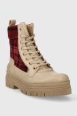 Черевики Tommy Hilfiger FEMININE TARTAN LACE UP BOOTIE жіночі колір бежевий на плоскому ходу FW0FW07670