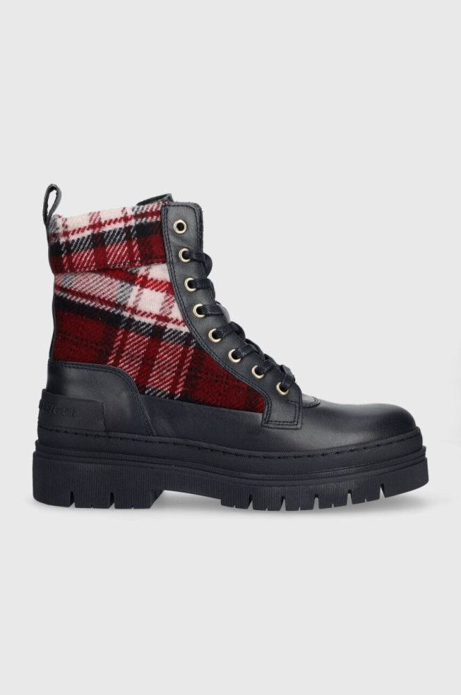 Черевики Tommy Hilfiger FEMININE TARTAN LACE UP BOOTIE жіночі колір синій на плоскому ходу FW0FW07670