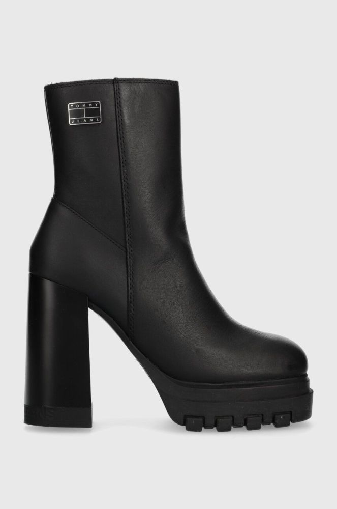 Шкіряні черевики Tommy Jeans TJW HIGH HEEL ANKLE BOOT жіночі колір чорний каблук блок EN0EN02256